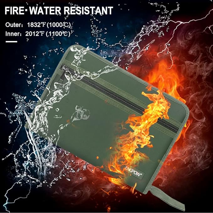 ENGPOW 13 Pocket Expanding File Folder,Fireproof Accordion File Folder Document Organizer with Zipper Closure,Document Folder Safe with Colorful Tabs,A4 Letter Size for Travel,Home,Office,Green