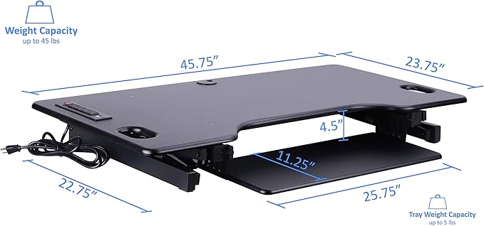 Rocelco 46" Height Adjustable Standing Desk Converter - Desktop AC USB Charger - Sit Stand Up Triple Monitor Riser - Tall Computer Workstation - Retractable Keyboard Tray - Black (R DADRB-46-ACUSB)