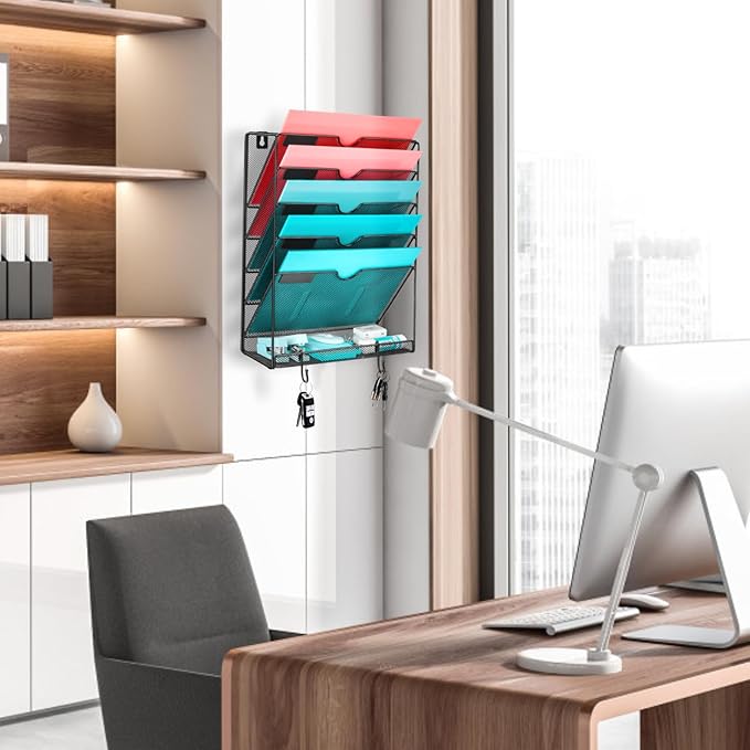 GALASALA Wall File Organizer, 6 Pockets Mesh Hanging File Organizer, Wall Mount File Holder With Hooks, Wall Organizer Magazine Rack for Office Supplies, Black