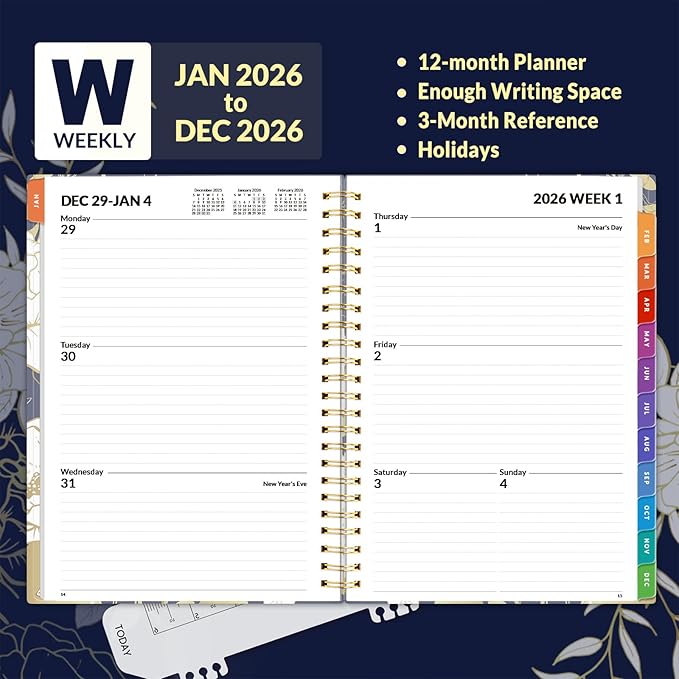 SUNEE 2026 Weekly and Monthly Planner - from January 2026 - December 2026, 6.4" x 8.3" Daily Agenda Planner with Monthly Tab, Flexible Cover, Note Pages, Pockets, Bookmark, Dark Blue Marble