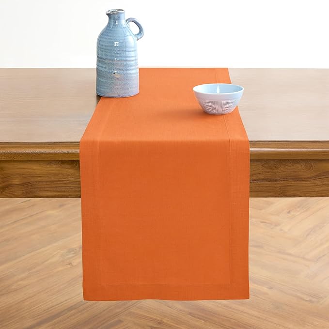 Solino Home Persimmon Orange Table Runner 132 Inches Long - 100% Pure Linen Extra Long Table Runner 14 x 132 Inch for Fall, Autumn, Thanksgiving - Fete