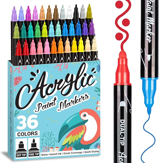 Dual Tip Acrylic Paint Pens 36 Colors Markers Set, New Acrylic Paint Markers, Art Supplies Set for Adults, Kids, Teen, Suitable for fabric, rock, wood, glass, ceramic and other DIY crafts