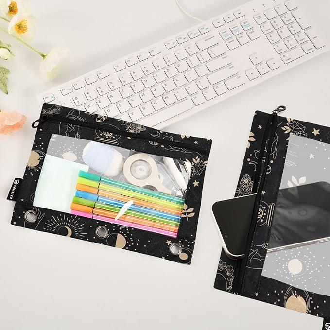 ZAZYXTJ Personalized Bohemia Boho Binder Pencil Pouchs 3 Ring with Zipper Clear Window Office Organizers bag for School Students Teacher Supplies 2 Pack