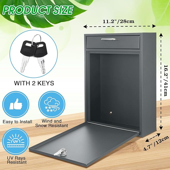 Locking Mailbox with Key for Outdoor 16.2 x 11.2 x 4.7 Inches Large Wall Mount Mail Box with Lock Security Mail Drop Metal Collection Boxes Hanging Secure Postbox(Dark Gray)
