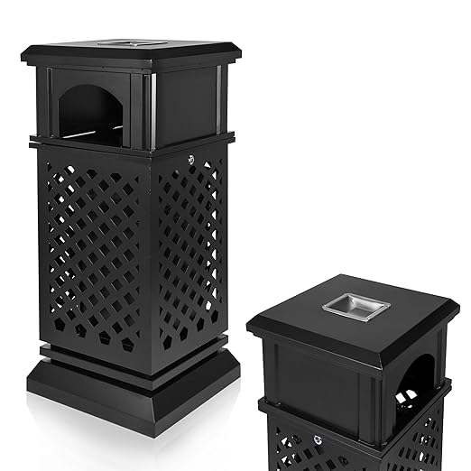 IRONWALLS Indoor/Outdoor Trash Can with Lid, Heavy Duty Steel Garbage Can with Removable Bin, Locking Lid, 16”x16”x35.4” Dual Sided-Open Commercial Trash Can Large for Patio, Backyard, Office, Black