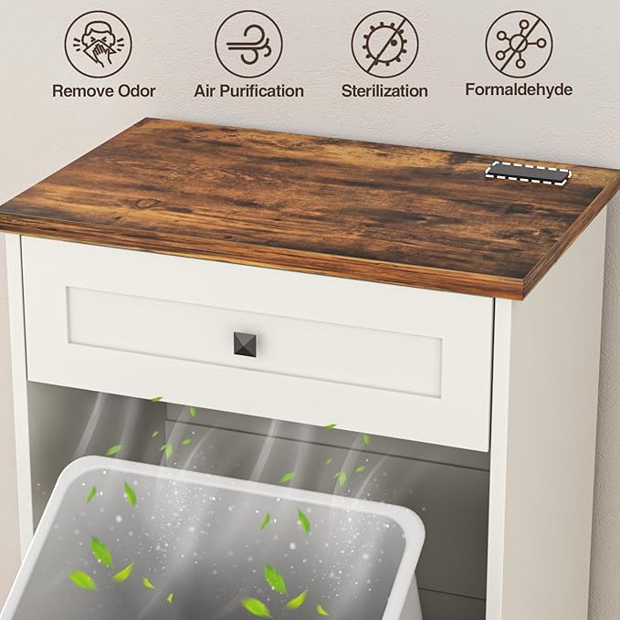 Tilt Out Trash Can, Farmhouse Kitchen Trash Cabinet w/Negative Ion, Dog Proof 10 Gallon Garbage Can for Kitchen, Bathroom, Living Room, White