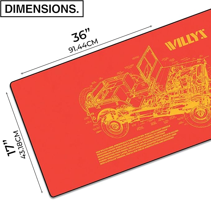 MPCO. Blueprints Large Gaming Desk Pad - 36" x 17" Aeroglyde Fabric Willys Jeep – Orange Desk Mats - Non-Slip, Washable, Smooth Glide for Precision Gaming & Work