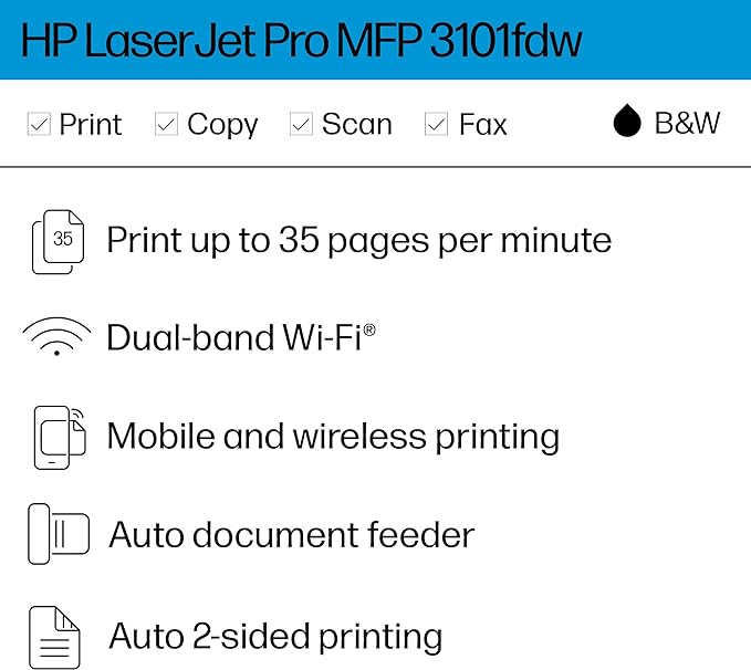 HP LaserJet Pro MFP 3101fdw Wireless Black & White All-in-One Laser Printer, Scanner, Copier, Fax, Best-for-Office (3G628F)