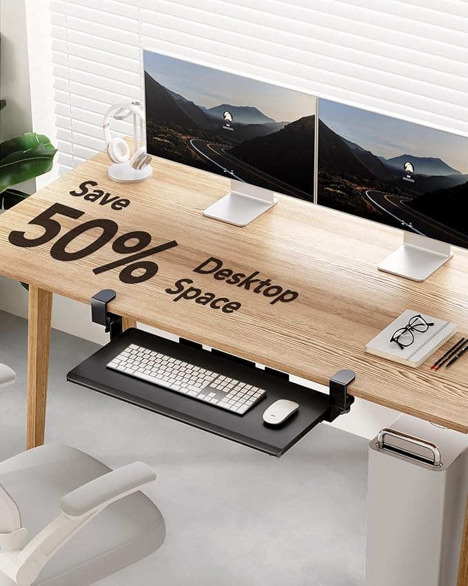 HUANUO Keyboard Tray Under Desk, Pull Out Keyboard Tray with C Clamp Mount, 26.5″ W x 11.8″ D Slide Out Computer Keyboard Drawer Mouse Tray for Typing, Black