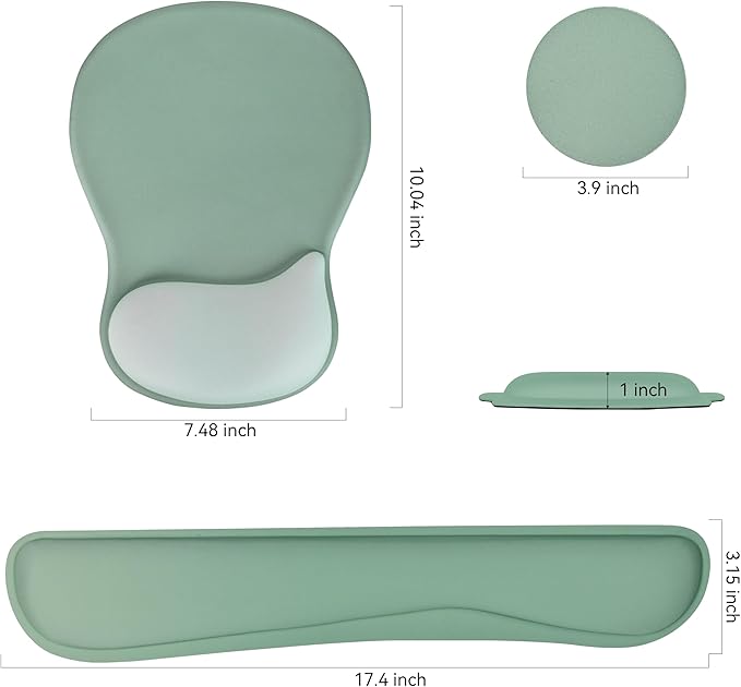 Wrist Rest Support for Mouse Pad Keyboard Set Circle Coaster Gaming Mouse Pad Ergonomic Gel Memory Foam Set for Computer, Laptop, Office, Pain Relief, Comfortably Typing Pure Green KM-34