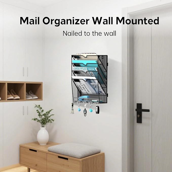 Wall File Organizer with 5 Hooks 5 Tier Hanging File Organizer, Vertical Wall Mount Mail Organizer for Papers, Folders, Magazines, Bills, Office&School Organization, Black