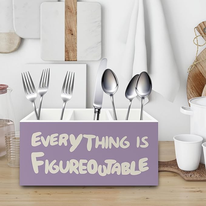 Purple Inspirational Pen Pencil Holder Organizer for Desk, Inspirational Gifts for Women, Everything Is Figureoutable Motivational Wooden Box Sign for Home Office Desk Tabletop Decorations