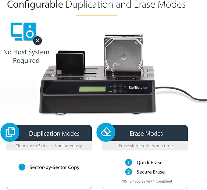 StarTech.com 4-Bay Hard Drive Duplicator and Eraser, External Standalone 1:3 HDD/SSD Cloner/Copier, USB 3.0 / eSATA to SATA Docking Station, Hard Disk Copier / Sanitizer / Wiper Tool (SATDOCK4U3RE)