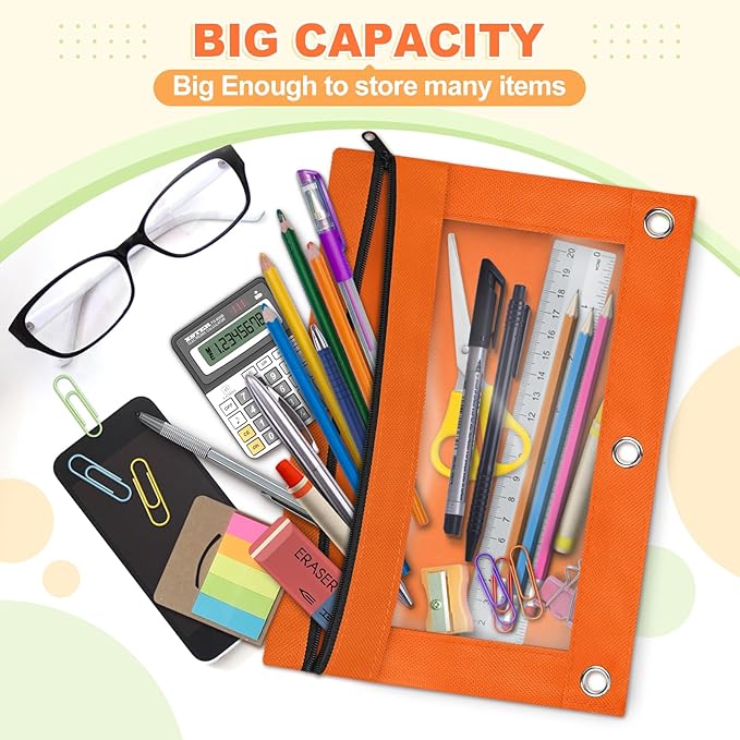 Shemira Pencil Pouch for 3 Ring Binder, Binder Pencil Pouch with Smooth Zipper, Clear Window Pencil Case for Binder, Zipper Pencil Pouches, Big Capacity 3 Ring Binder Pencil Bag, Orange