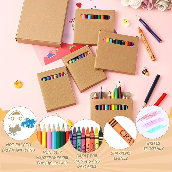 60 Sets Bulk Back to School Supplies, Colored Pencils Pre-Sharpened and Crayons Holiday Bundle in Box Mini Pencils Crayons Bulk Classroom Teacher Supplies, Cute Back to School Gifts