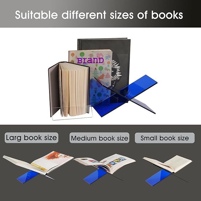 Large Clear Acrylic Book Stand - Perfect for Displaying Open Books on Your Coffee Table - Ideal for Bibles, Cook Books, Guest Books, Magazines, Each with a Lucite Paperweight (Blue)