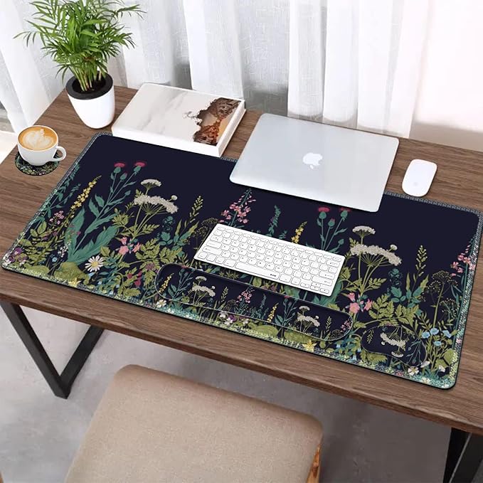 AIMSA Large Gaming Mouse Pad Set, Keyboard Wrist Rest Support + Extended Mouse Pad + Mouse Wrist Cushion + Coaster, Ergonomic Multifunctional Desk Mat 35x15.7in Anti-Slip Rubber Base (Flowers Plants)