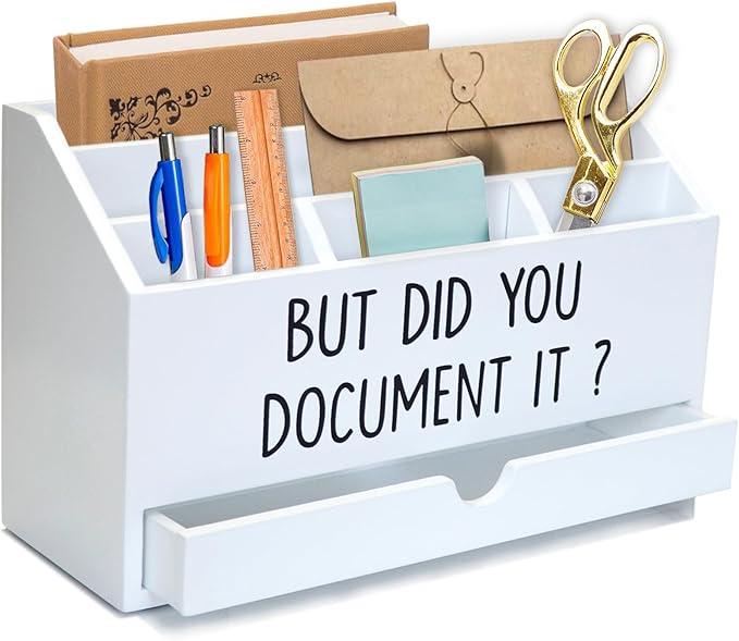 Wooden White Rustic Countertop Mail Storage Holder with Drawer and Compartments - Office Desk Accessories and Workspace Organizers - Desktop Sorter for Pen Stationery Letter Files Documents