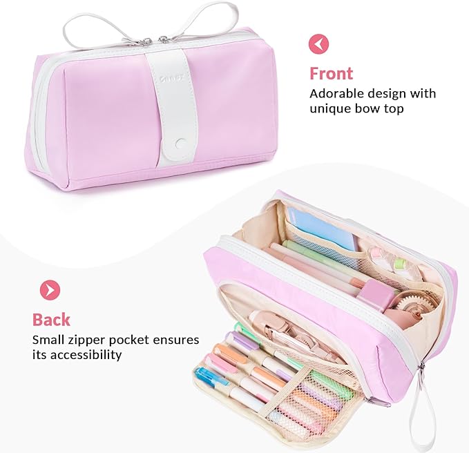 Sooez Big Capacity Pencil Case, Extra Large Pencil Pouch with Zipper Pocket, Wide Opening Pencil Bag, Portable Stationery Organizer, Cute Aesthetic School Office Supplies for Teens Girls Adults, Beige