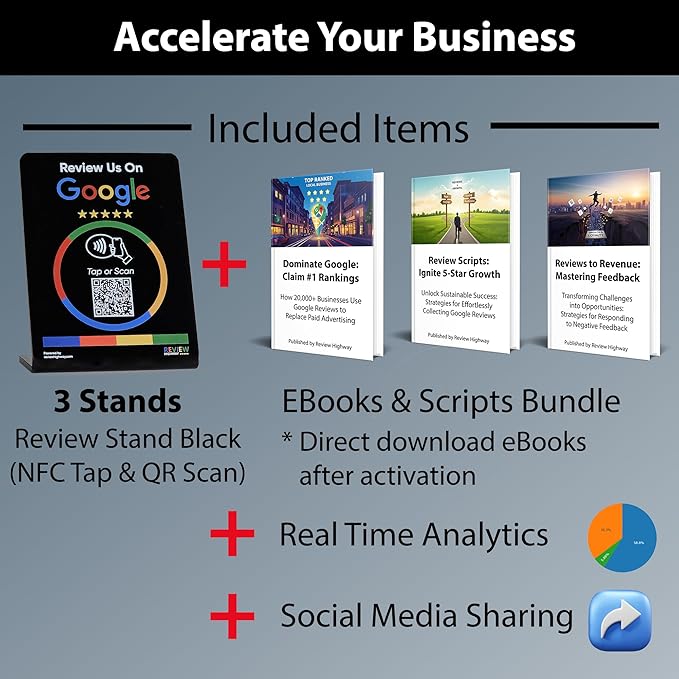 NFC Tap Stand (3-Pack) by Review Highway - Compatible with Google Reviews - NFC Tap & QR Scan for Instant Reviews - Boost SEO - iPhone/Android Compatible – Reusable and Zappy Fast (Black, 3 Stands)