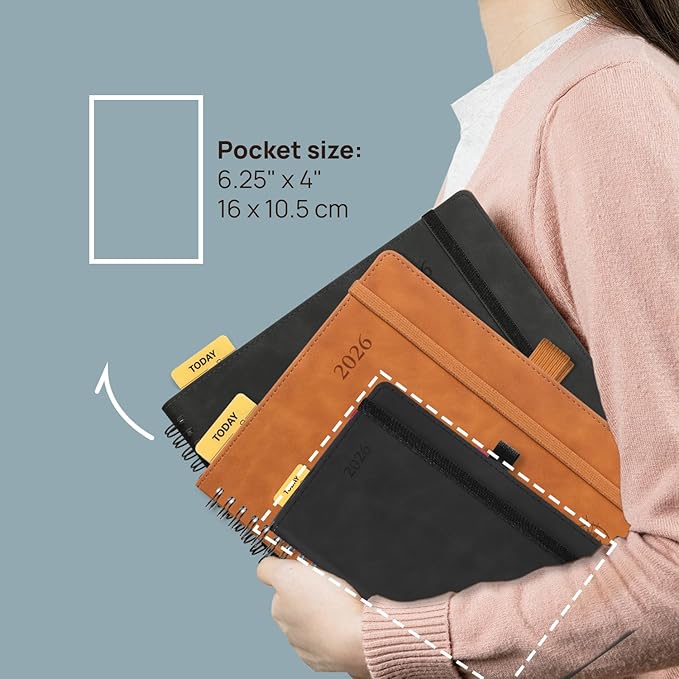 POPRUN 2026 Planner Weekly Notebook (Jan-Dec), Small Size 4''x 6.25'' - 2026 Pocket Calendar for Purse with Spiral Soft Cover, Plastic Ruler, Inner Pocket, 100 GSM - Royal Blue