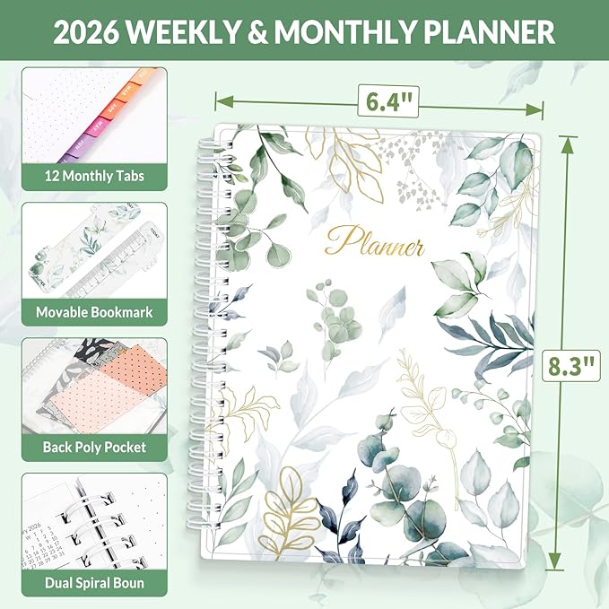 SUNEE 2026 Weekly and Monthly Planner - January 2026-December 2026, 6.4" x 8.3" Half Weekly Half Note, Daily Agenda Planner with PVC Waterproof Cover, Monthly Tab, Note, Pockets, Bookmark, Leaf