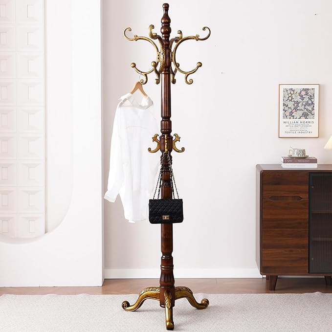 Wooden Coat Racks, Retro 78" Coat Tree with 12 Hooks & Stable Triangular Base, Entryway Coat Rack Freestanding for Hat, Clothes, Scarves, Handbags, Umbrella (Vintage)