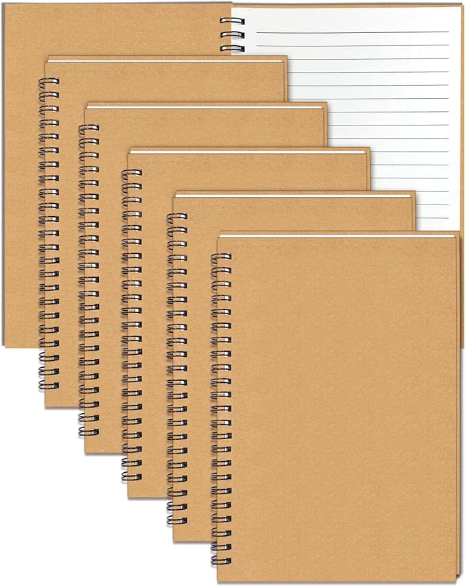 GINMLYDA Small Spiral Notebook A5, 6Pack 120 Lined Pages 8.25x5.5 Inches Brown Spiral Journal Kraft Cover Notebooks & Writing Pads for School Home Office Aesthetic Sketch Drawing Note