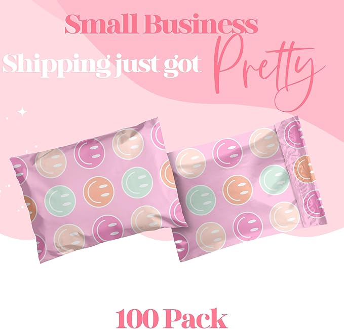 6x9 Designer Poly Mailer 100 Pack Heavy Duty Waterproof Self Seal Shipping Bags for Small Business Large Mailing Envelopes Bulk Tear Resistant Cute Packaging Smiley Face