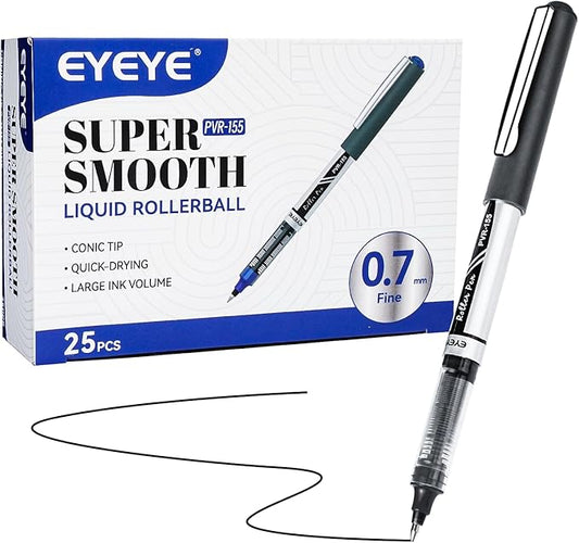 EYEYE 0.7mm Black Roller Ball Pens 25 Pack, Medium Point Rollerball Pen Quick Dry, Liquid Ink Pens Fine Point Smooth Writing Pens for Journaling, Note Taking, Office and School Supplies