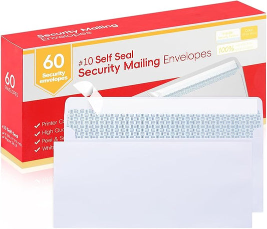 Zzrywuty #10 Letter Size Mailing Envelopes for Business, 60pcs Self Seal Windowless Security Envelopes 4-1/8 x 9-1/2 Inch White 24LB Paper