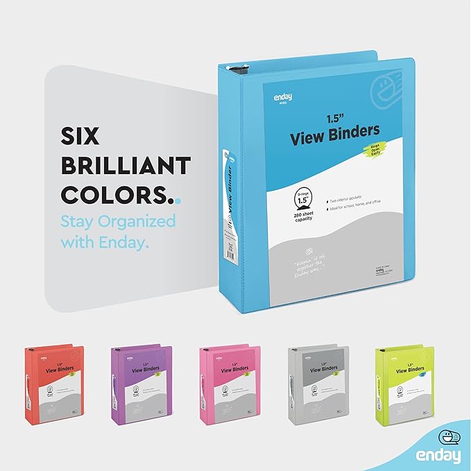 3 Ring Binder Blue, 1.5 Inch Clear View Cover with 2 Inside Pockets Binder, Colored School Supplies 1 ½ Inch Round Ring Binders, Also Available in Red, Pink, Purple, Green, and Grey (6 PC) – by Enday