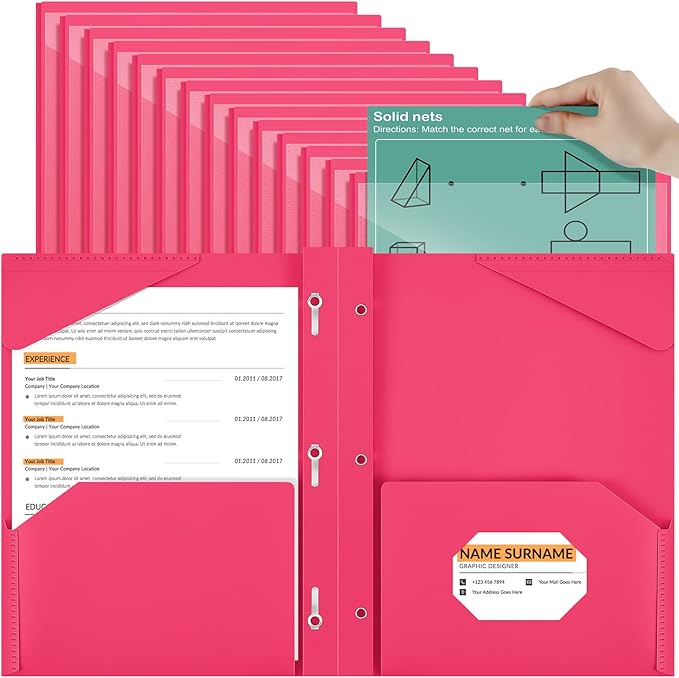Henoyso 36 Pcs Plastic Folder with Clear Front Pocket and 3 Prong Plastic Folders with Card Slot Pocket Folders with Prongs for School Office (Rose Pink)