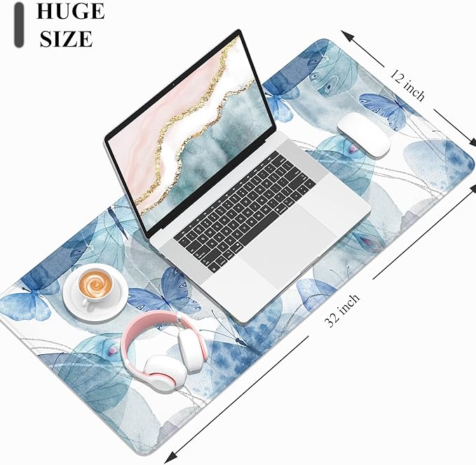 Desk Mat, 32" x 12" XXL Extended Large Gaming Mouse Pad, Desktop Decor Desk Pad, Cute Men Women Office Supplies and Accessories, XL Mouse Mat for Laptop & Keyboard, Blue Butterfly