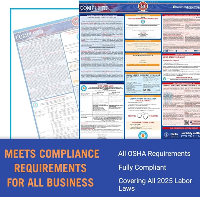 Delaware Labor Law Poster 2025- State, Federal, OSHA Compliant - Workplace Required Posting for Employees - Spanish OSHA Poster - UV Laminated Waterproof - 26” x 39.5” - Spanish