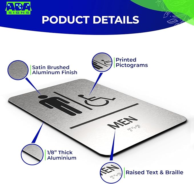 ADASigns Men Restroom Sign – 6" x 9" Durable Brushed Aluminum with Braille – Easy Installation with Strong Adhesive Tape – Weatherproof, ADA Compliant Bathroom Sign for Home, Office, & Business
