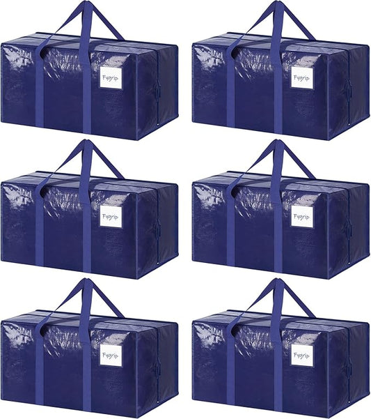 6 Pack Extra Heavy Duty Large Moving Bags with Strong Zipper & Comfortable Handles, Sturdy & Durable Clothes Storage Bags Totes Bins, Blue Packing Moving Boxes for College Supplies, Dark Blue