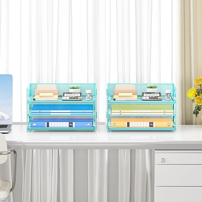 Subekyu 2-Pack 3-Tier Blue Metal Mesh Desk Paper Letter Tray & File Sorter Organizer with Handle + 1 Sliding Tray for Desk, Home, Office, School Supplies, A4 Paper and Accessories Storage