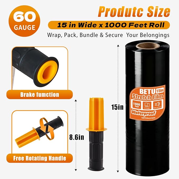 BETU Plastic Wrap Stretch Film for Moving Supplies 15inch X 1000ft, Shrink Wrap Stretch Roll Industrial for Furniture Wrapping Shipping Pallet Moving Boxes Storage with Handles, 1 Pack, Black