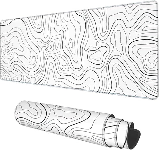 Desk Mat, White Topographic Contour Map Extended Gaming Mouse Pad Large, 31.5"x11.8" Big Mouse Pad with Non-Slip Base and Stitched Edge, Long Computer Keyboard Mouse Mat for Home Office Work