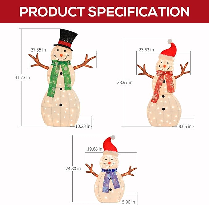 Hykolity 3.5 FT 3D Lighted Outdoor Snowman Family, Set of 3 Light Up Christmas Snowman with 180 Warm White LED Lights for Holiday Decoration, Ground Stakes, Zip Ties