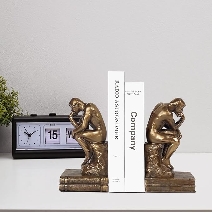 Cool Bookends Gold Decorative Unique Book Ends Book Stopper The Thinker Statue Sculpture Home Decor (2 Pack)