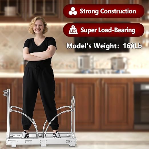 Dual Under Sink Trash Can Heavy Duty Pull Out Trash Can Under Cabinet, Fits 2x35Qt (7-9 Gal) Commercial Trash Cans Cabinet Trash Bin Pull Out Kit Requires ≥ 22''Dx 16''Wx 17''H, No Can (Silver)