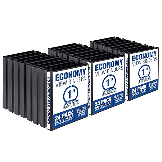 Samsill 1 Inch 3 Ring Binders, Made in USA, Economy Round Ring, Clear View Cover, 200 Sheet Capacity - for School, Home, Office - Black, 24 Pack