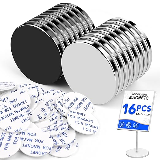 LOVIMAG Strong Magnets, Super Strong Round Magnets, 16Pack Magnet for Fridge, Magnet with Adhesive Backing for Office, Science,Whiteboard, DIY-1.26 inch x 1/8 inch (8 Black, 8 Silver)