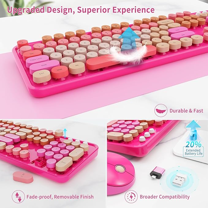 Wireless Keyboard and Mouse Combo, Retro Typewriter Keyboard with Round Keycaps, Full-Size Ergonomic, Red, Ideal for Windows PC, Home, Office, and College, Wireless Keyboard Mouse Combo