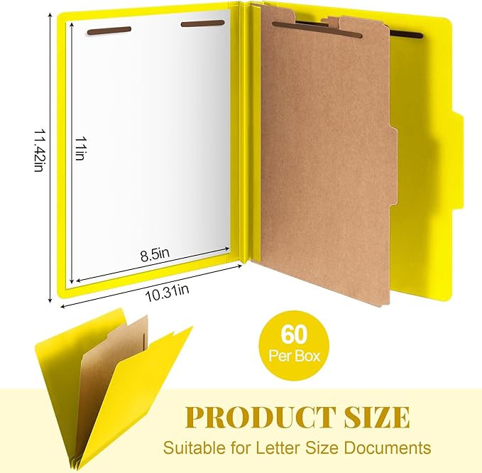 Skyygemm 60 Pcs Classification Folders Letter Size, 1 Divider Pressboard File Folder with Fasteners, Expanding File Organizer Bulk for Teachers, Clergy, Office, Church, Christmas Donations (Yellow)