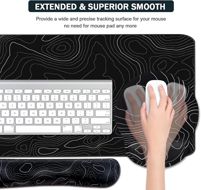 4-in-1 Gaming Mouse Pad Wrist Support Set，Desk Pad + Mouse Pad with Wrist Rest + Keyboard Wrist Rest + Coaster, Ergonomic Design for Home Office Study Game - Topographic Contour