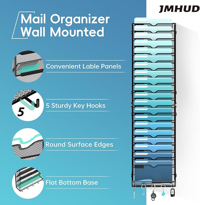 21-Tier Hanging Wall File Organizer with 5 Hooks, Wall File Holder with Labels, Vertical Wall Mount Mail Organizer for Papers, Folders, Magazines, Office Organization, Assembly Needed, Black