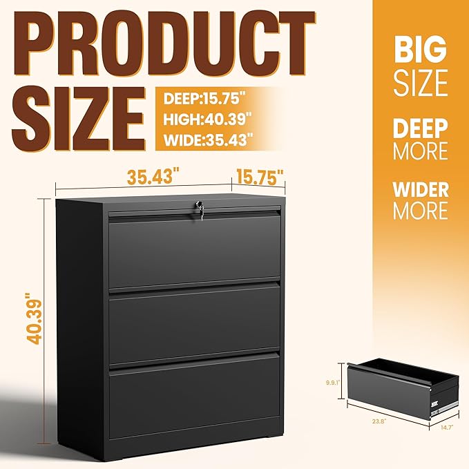 3-Drawer Lateral File Cabinet with Lock, Black Metal Filing Cabinet for Office or Home – Secure Storage for Letter/Legal/A4/F4 Documents, Easy to Assemble Locking File Organizer (Black, 3 Drawer-40"H)